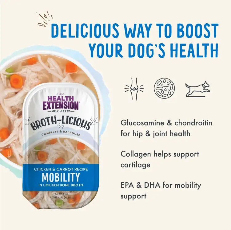 Health Extension mobility support wet dog food with chicken, carrots, and bone broth for joint health.