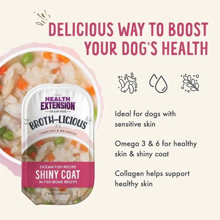Health Extension Ocean Fish Wet Dog Food in fish bone broth for healthy skin and shiny coat