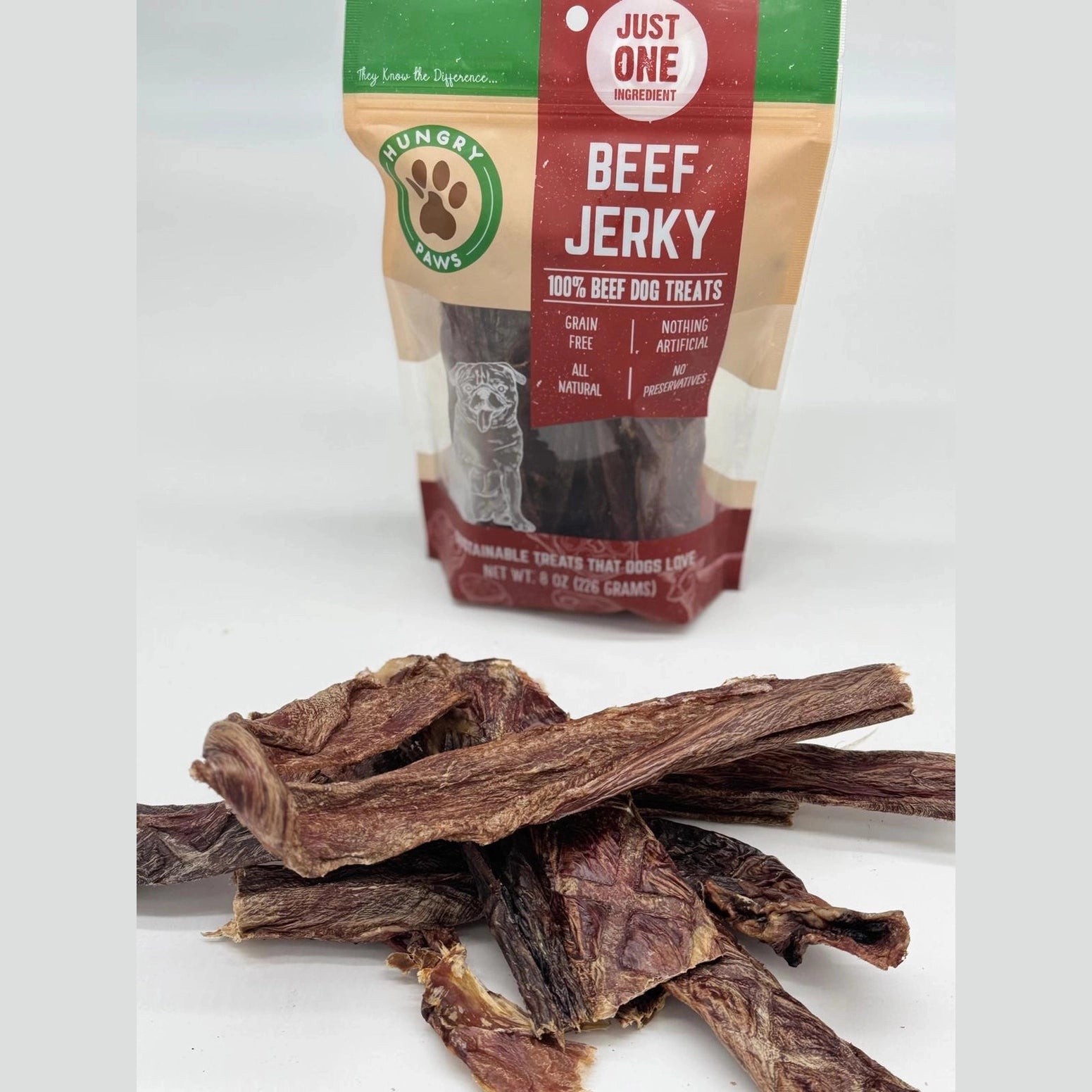 Hungry Paws beef jerky dog treats made with 100 percent beef, grain free and all natural