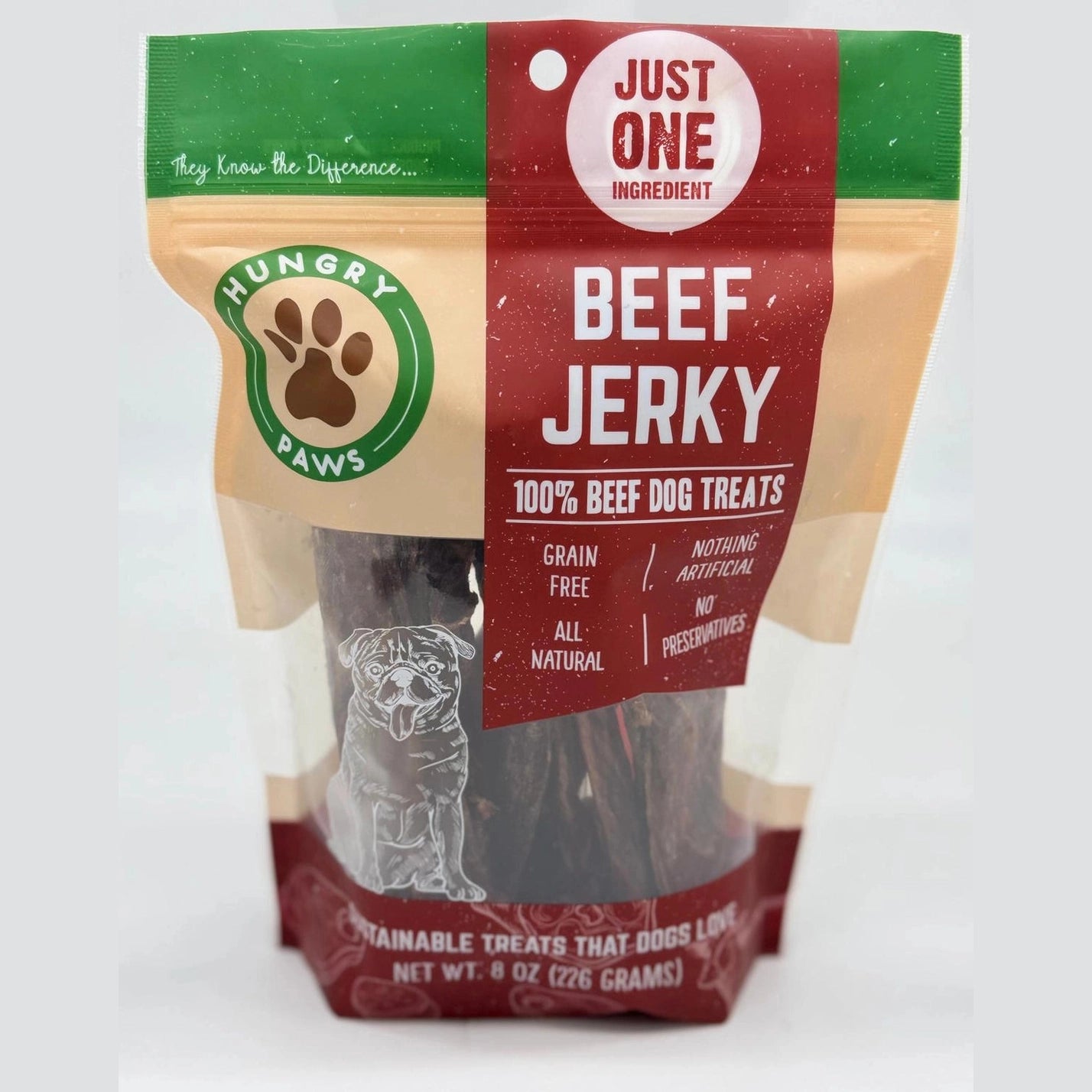 Hungry Paws beef jerky dog treats made with 100% beef, all natural, and grain-free for dogs