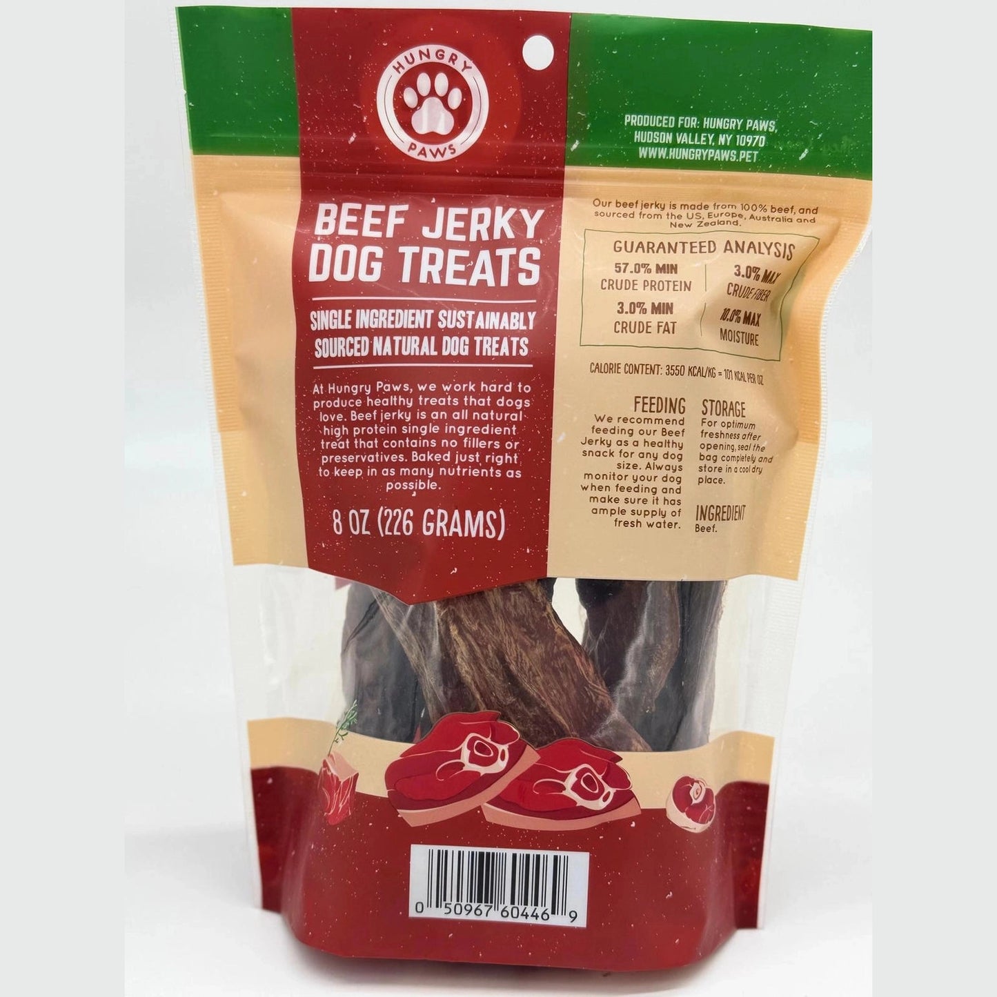 Hungry Paws beef jerky dog treats packaged in a resealable bag, ideal for pet rewards