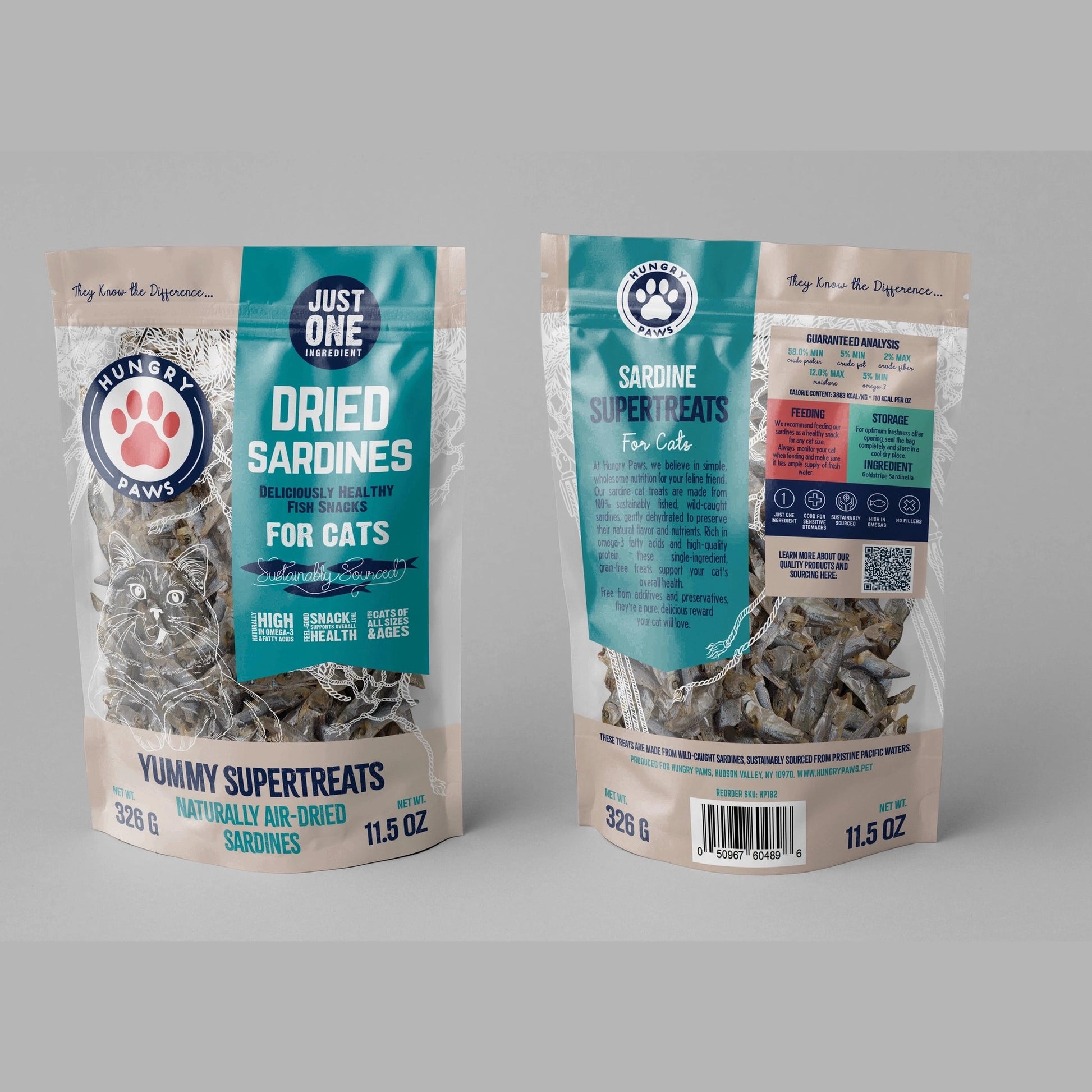 Hungry Paws Sardine Treats for Cats in a resealable bag, high in protein and naturally air-dried