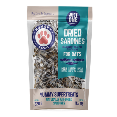 Hungry Paws dried sardine treats for cats in a packaged bag, healthy fish snacks for feline delight