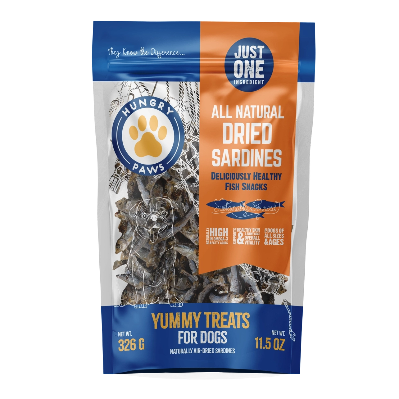 Hungry Paws all natural dried sardine treats for dogs in a colorful bag, healthy fish snacks