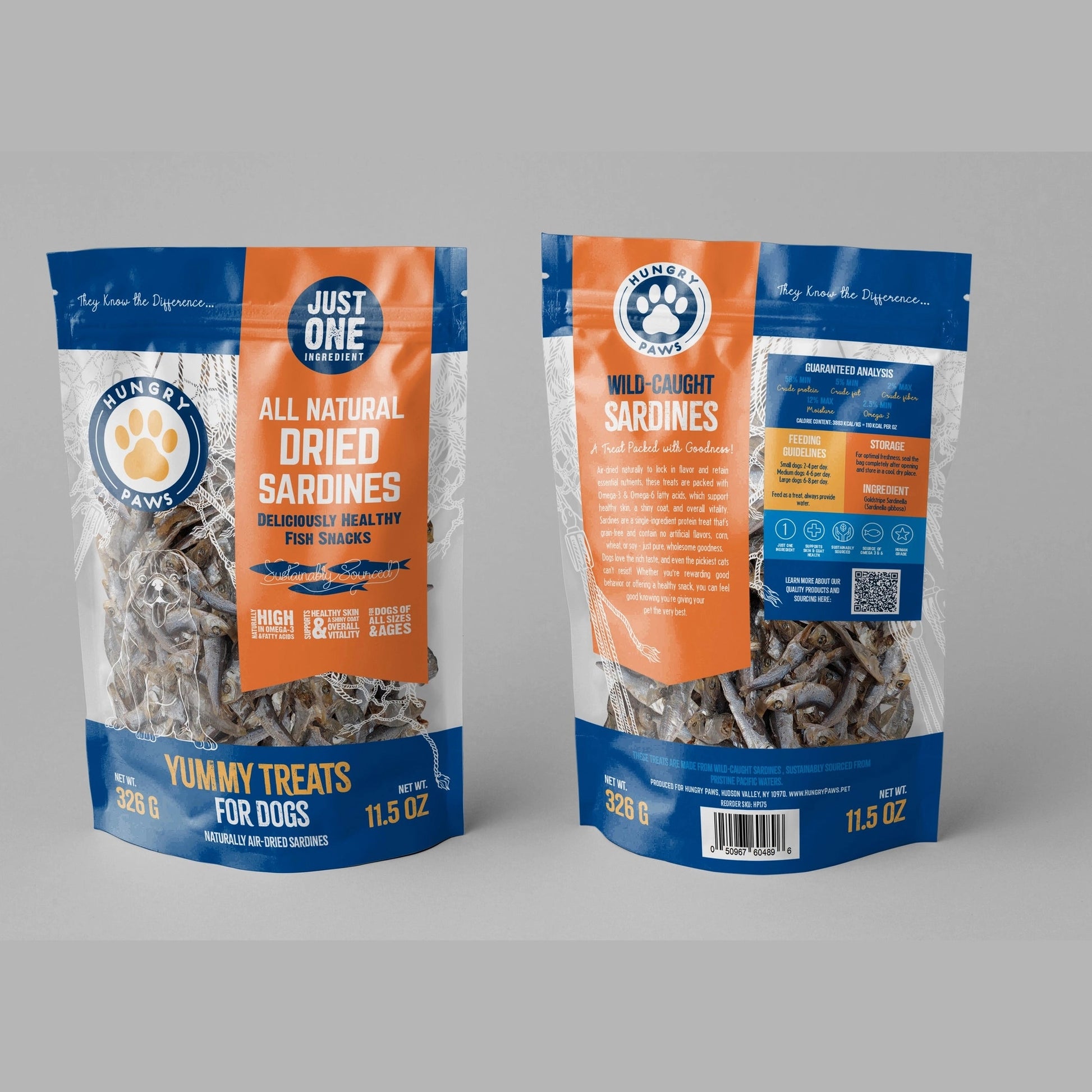 Hungry Paws all natural dried sardines treats for dogs in resealable bag with nutritional information