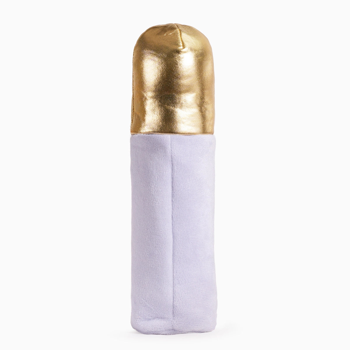Hugsmart Pet interactive lipstick dog toy in soft plush with shiny gold top for playful pets
