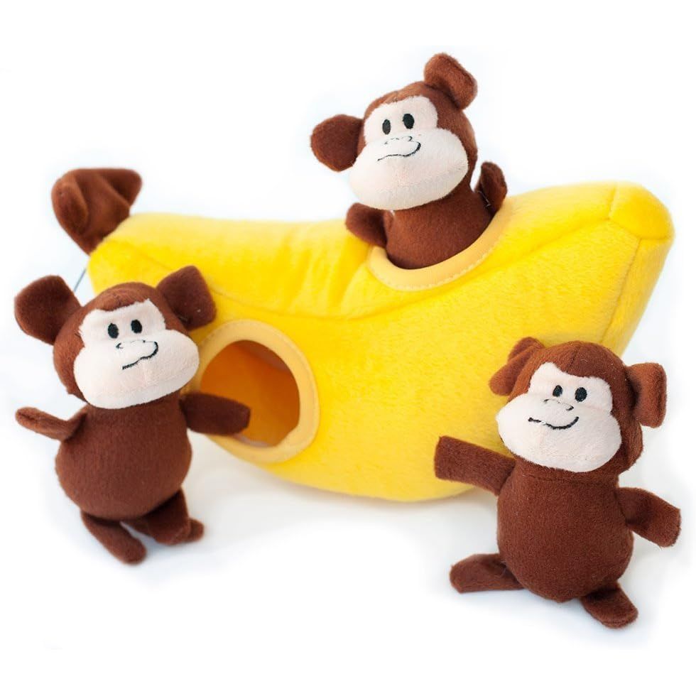 ZippyPaws interactive plush dog puzzle toy featuring a banana and three playful monkey characters