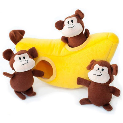 ZippyPaws interactive plush dog puzzle toy featuring a banana and three playful monkey characters