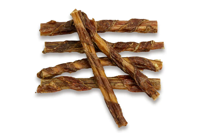 Talis Us jerky wrapped bully sticks for dogs in a natural chewable texture, perfect for training and reward