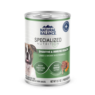 A 12.7 oz can of Natural Balance Specialized Nutrition Digestive & Immune Health Adult Lamb & Brown Rice Wet Dog Food, featuring lamb, brown rice, and carrot images plus a dog photo on the label. Pack of 12.