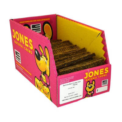 Jones Natural Chews Barbeque Chicken Dog Treats displayed in a colorful box for healthy dog snacks