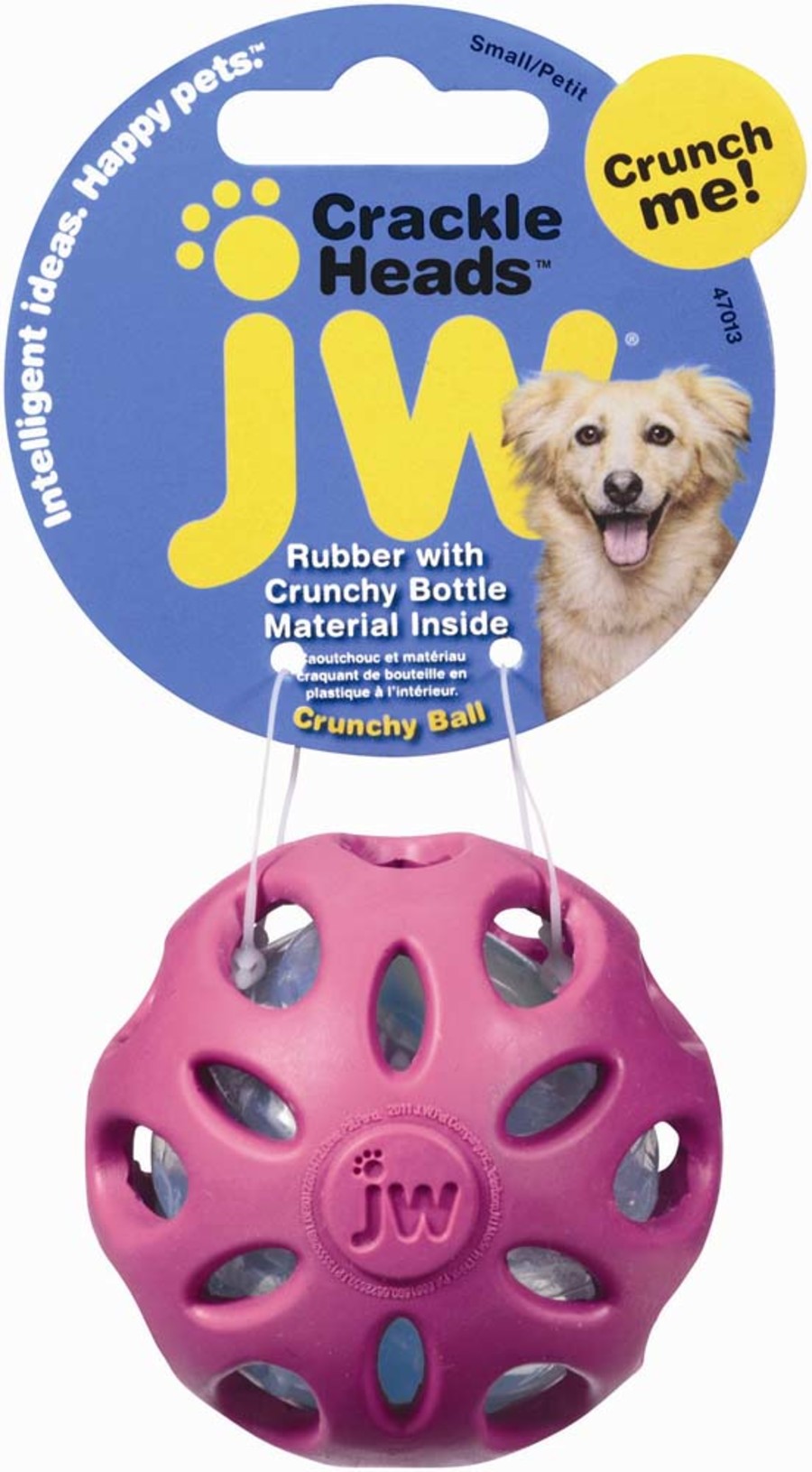 JW Crackle Ball Dog Toy in pink with crunchy bottle material for fun playtime