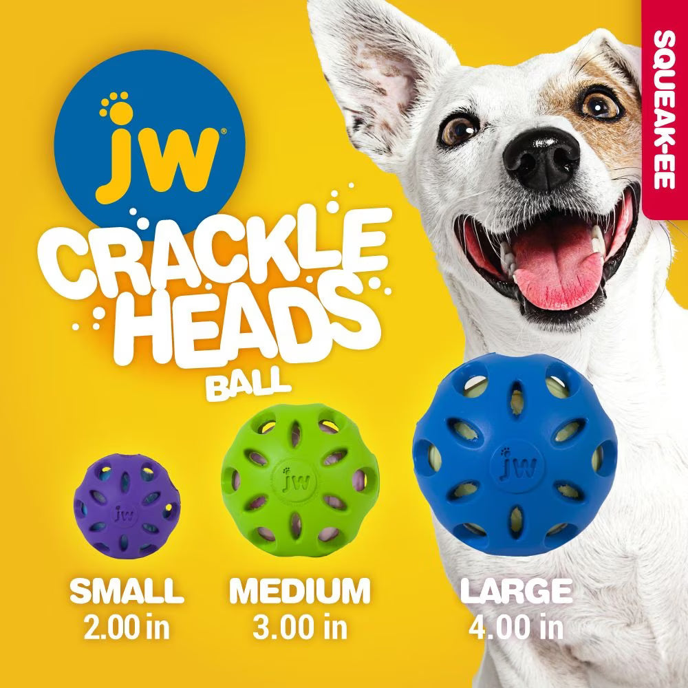 JW crackle ball dog toy in three sizes: small, medium, and large with a playful dog in the background