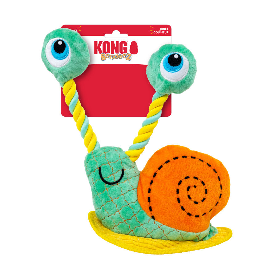 KONG Bendeez dog toy featuring a colorful snail design with googly eyes and squeaky features