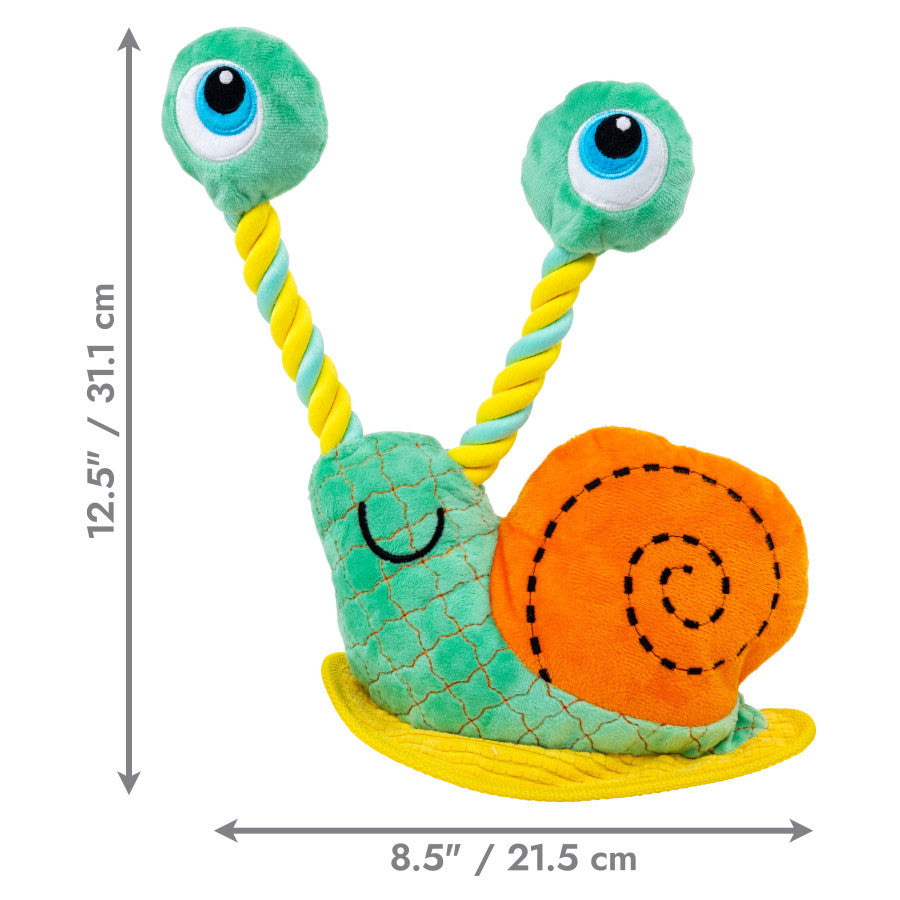 KONG Bendeez dog toy featuring a colorful snail design with plush body and rope antennae