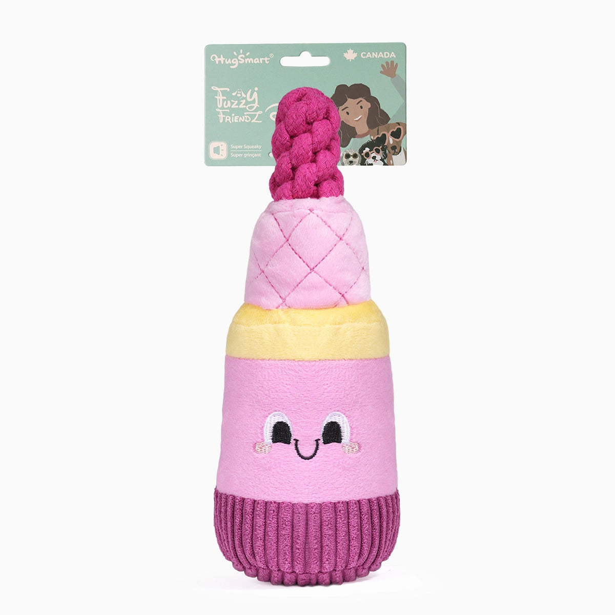 Hugsmart Pet lipstick plush dog toy in pink, featuring a cute face and braided texture for fun playtime