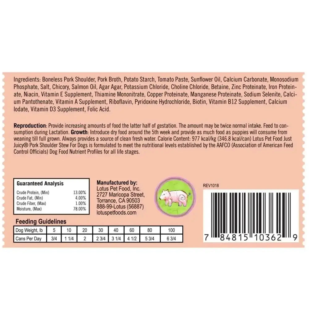 Lotus Just Juicy Pork Shoulder Stew Grain-Free Canned Dog Food Lotus