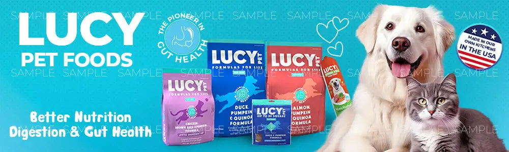 Lucy pet foods brand dog and cat food packages in assorted vibrant colors like purple, blue, red, and orange with distinct formulas labeled on each box.