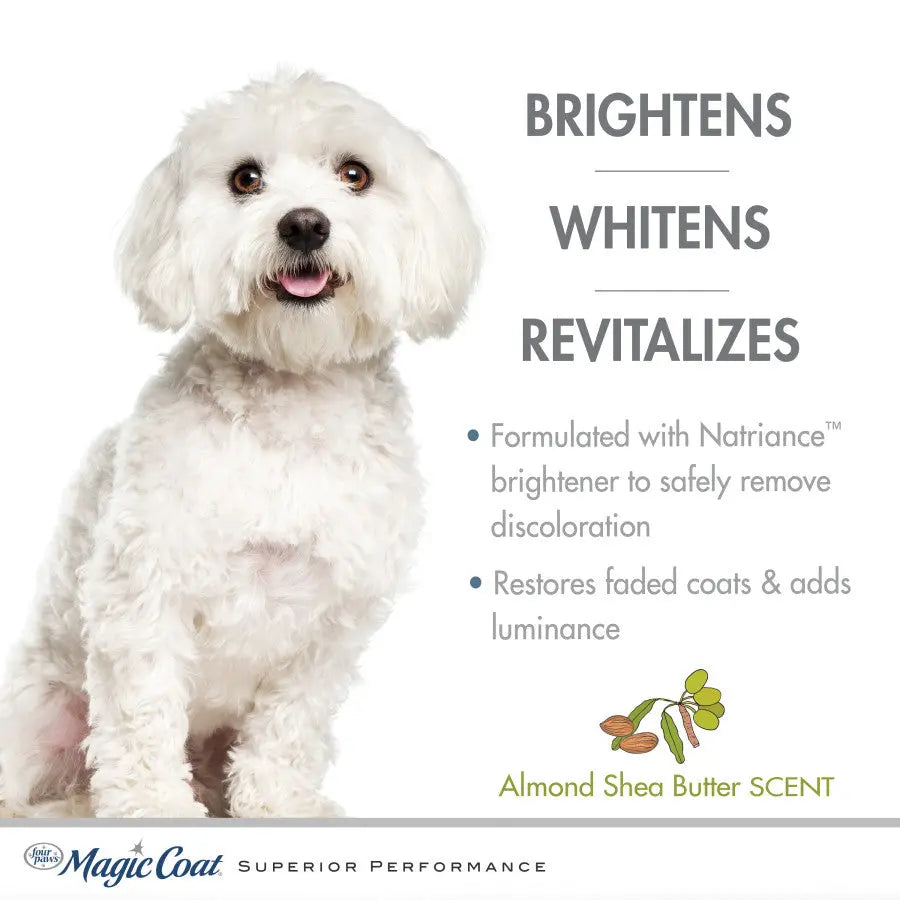 Four Paws bright white dog shampoo with almond shea butter scent for brightening and revitalizing pet coats