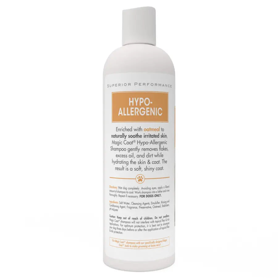 Four Paws Magic Coat Hypoallergenic Dog Shampoo features a gentle, white formula enriched with oatmeal to soothe irritated skin. It removes flakes, oil, and dirt while hydrating your dogs skin and coat.