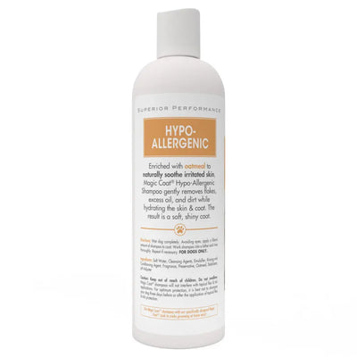 Four Paws Magic Coat Hypoallergenic Dog Shampoo features a gentle, white formula enriched with oatmeal to soothe irritated skin. It removes flakes, oil, and dirt while hydrating your dogs skin and coat.