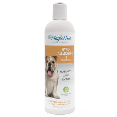 A white bottle of Four Paws Magic Coat Hypoallergenic Dog Shampoo with a bulldog on the label, featuring moisturizing, cleansing, soothing benefits, and oatmeal for dry skin relief.