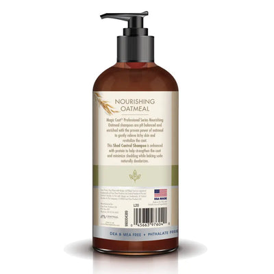 Four Paws Oatmeal Shed Control Dog Shampoo in a brown bottle with pump for shedding management