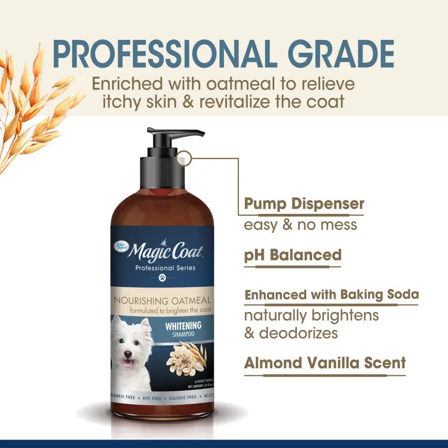 Four Paws Oatmeal Whitening Dog Shampoo in pump bottle for brightening and deodorizing dog coats