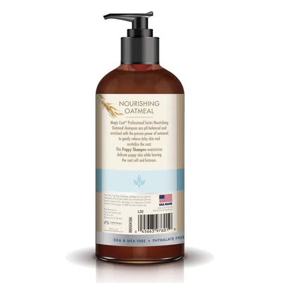 Four Paws Nourishing Oatmeal Puppy Shampoo in a bottle for maintaining puppy's coat softness and luster