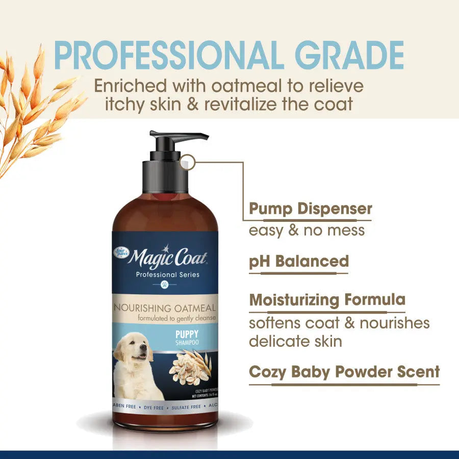 Four Paws oatmeal puppy shampoo with moisturizing formula and baby powder scent in a bottle with pump dispenser