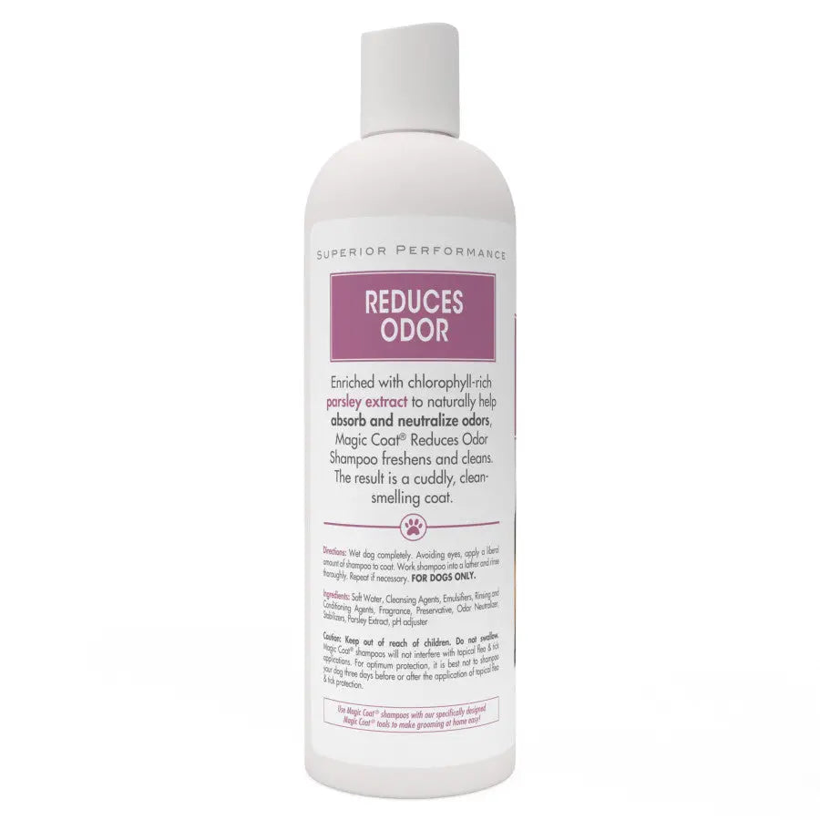 Four Paws odor reducing dog shampoo in a white bottle designed to eliminate pet odors and freshen coats