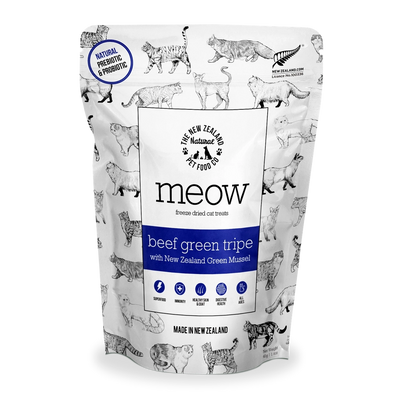 The New Zealand Natural Pet Food Co beef green tripe cat treats in a resealable pouch with cat graphics