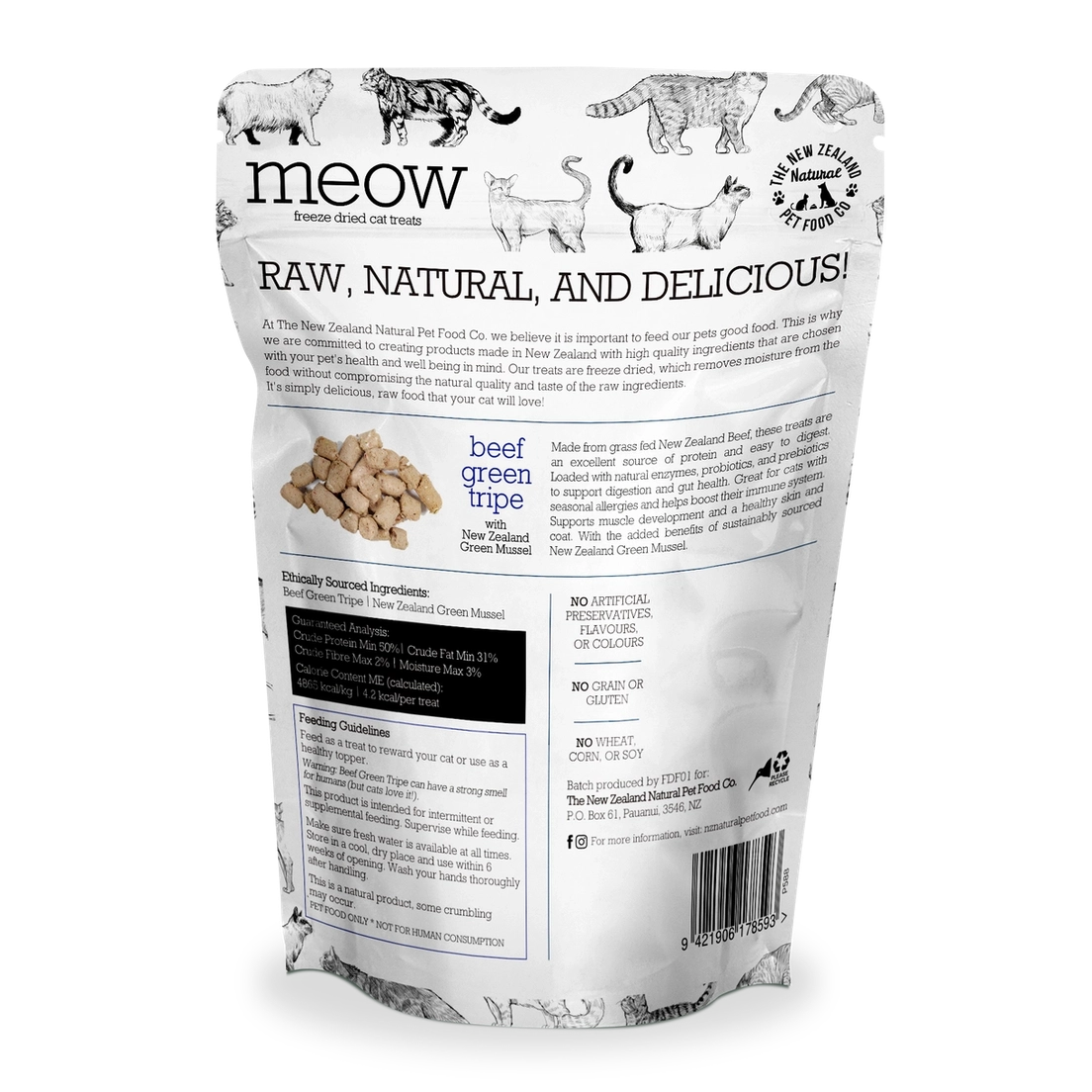 The New Zealand Natural Pet Food Co beef green tripe cat treats in a resealable package for healthy feline snacks