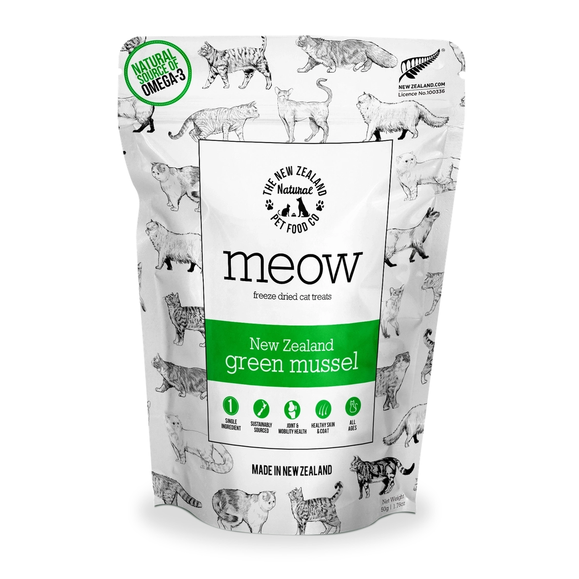 The New Zealand Natural Pet Food Co New Zealand green mussel cat treats in a resealable pouch
