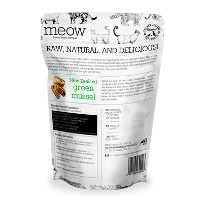 Meow Raw New Zealand green mussel cat treats in a resealable bag for healthy feline snacks