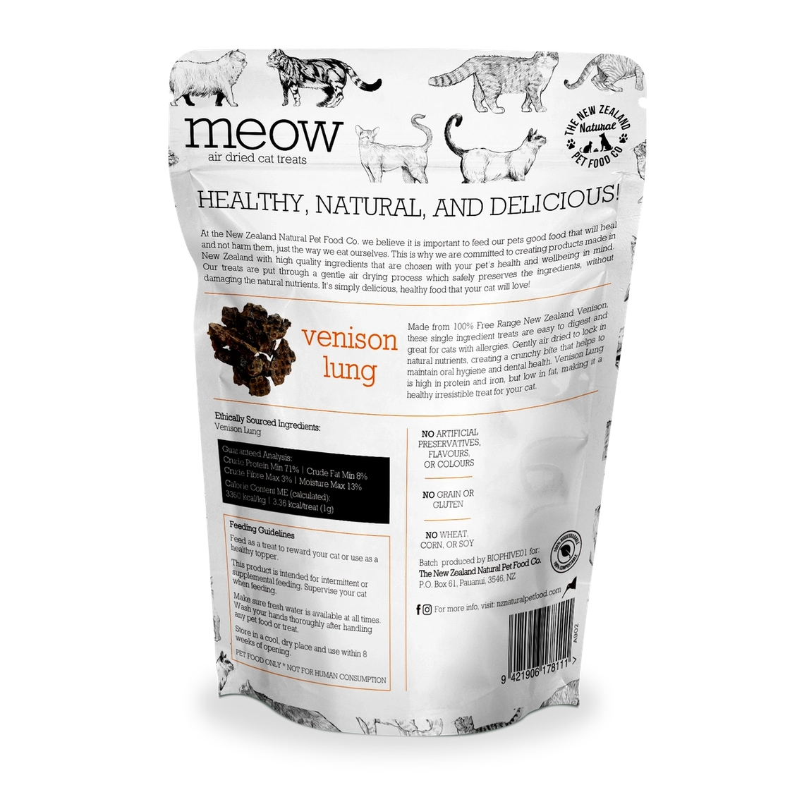 The New Zealand Natural Pet Food Co venison lung cat treats in a resealable bag, promoting healthy snacking