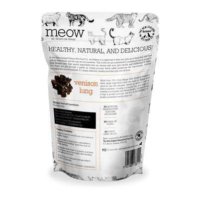 The New Zealand Natural Pet Food Co venison lung cat treats in a resealable bag, promoting healthy snacking