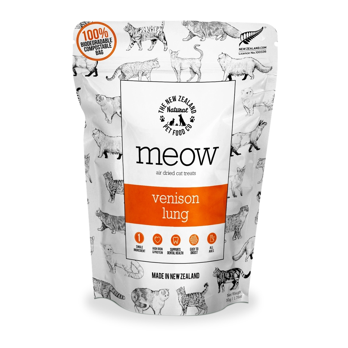 Meow venison lung cat treats from The New Zealand Natural Pet Food Co in a recyclable pouch