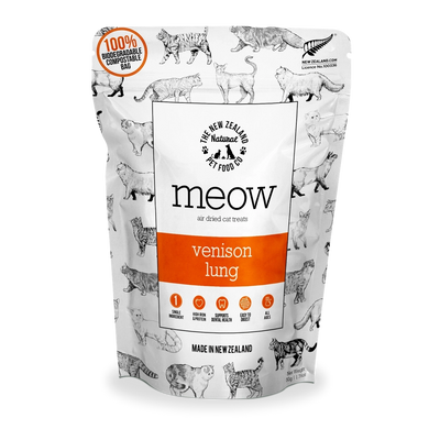 Meow venison lung cat treats from The New Zealand Natural Pet Food Co in a recyclable pouch