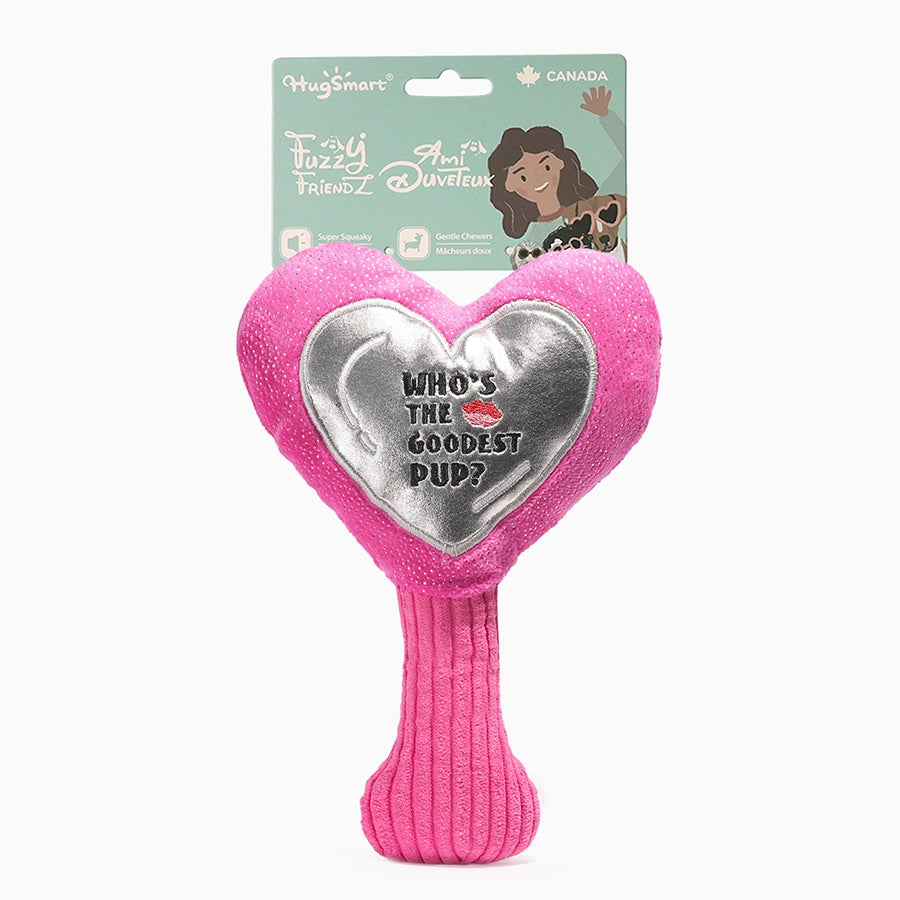 Hugsmart Pet mirror dog toy for puppies in heart shape with fun text and bright pink design