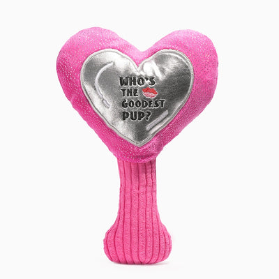 Hugsmart Pet mirror dog toy for puppies in pink heart shape saying Who's the Goodest Pup