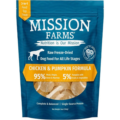 Mission Farms Chicken and Pumpkin Formula freeze-dried dog food, 95% meat and 5% vegetables for all life stages