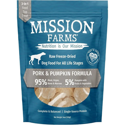 Mission Farms Pork and Pumpkin Formula freeze-dried dog food with 95% meat and 5% vegetables