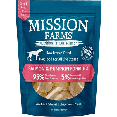 Mission Farms Salmon and Pumpkin Formula freeze-dried dog food for all life stages with 95% meat and 5% vegetables