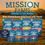Mission Farms freeze dried lamb liver dog treats in a variety of packaging on a farm backdrop