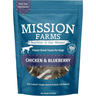 Mission Farms Freeze-Dried Dog Treats with Chicken and Blueberry, made with only two natural ingredients