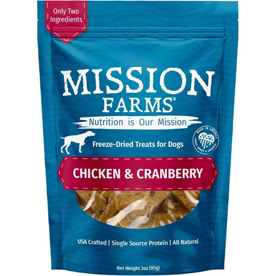 Mission Farms Freeze-Dried Dog Treats with Chicken and Cranberry in a 3oz bag for healthy snacks