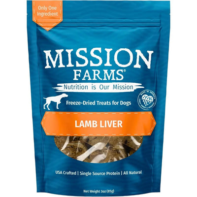 Mission Farms freeze dried lamb liver dog treats in a blue bag with one ingredient focus