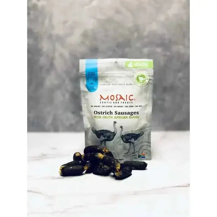 Mosaic South African Ostrich Sausages Infused with Buchu Dog Treats - Talis Us