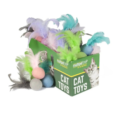 Multipet Felt Ball w/ Feathers Cat Toys Assorted Colors 4" 30pc - Talis Us